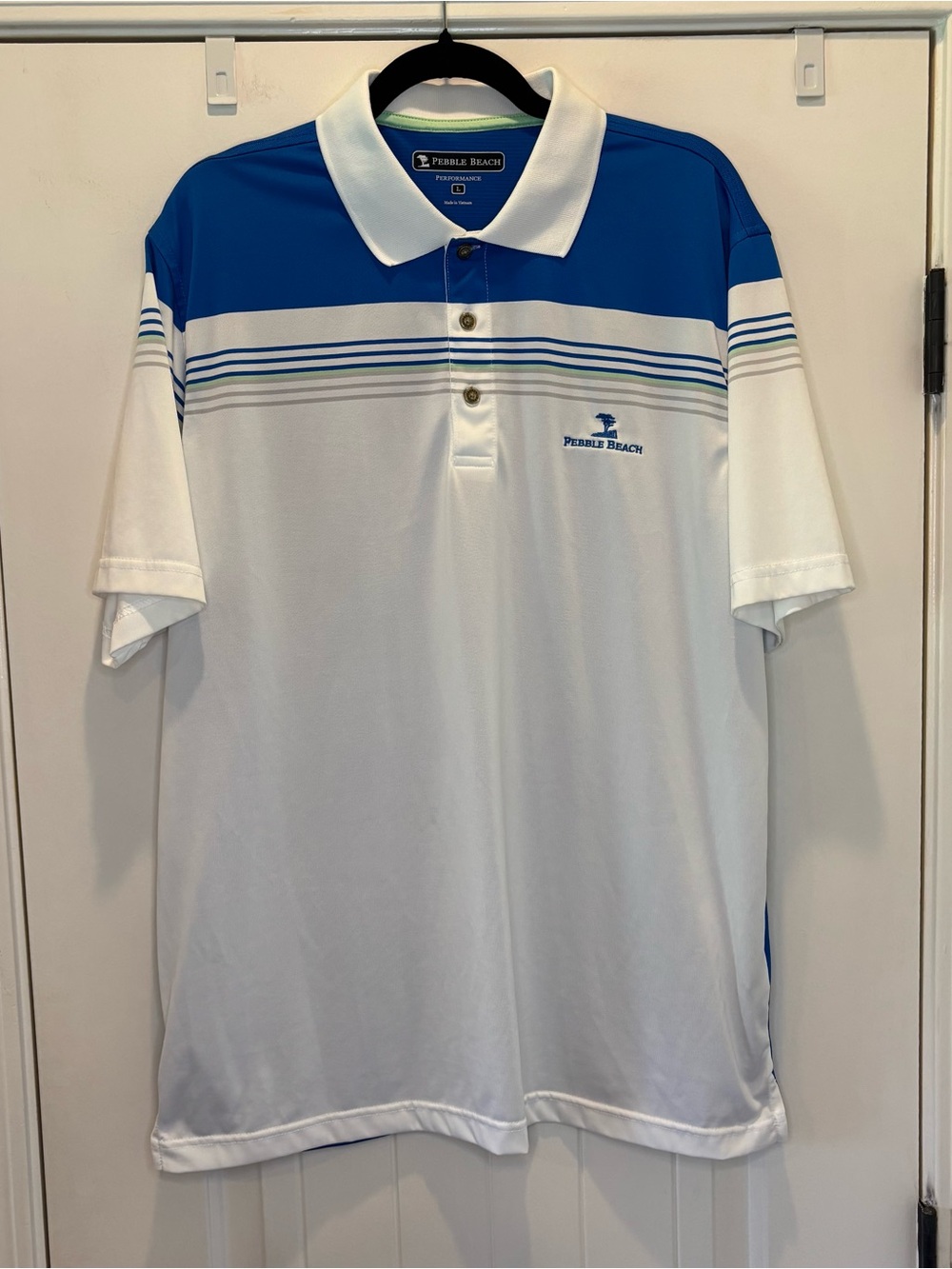 Pebble Beach Performance Golf Stretch Polo Shirt Mens L Short Sleeve White Blue